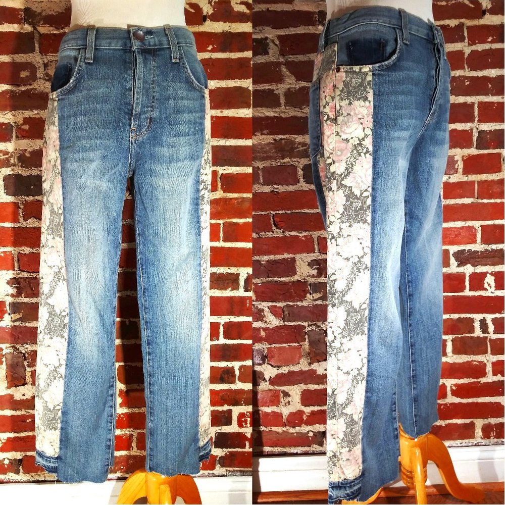 CURRENT/ELLIOTT The Uneven Seamed Original distressed denim jean w/floral panels